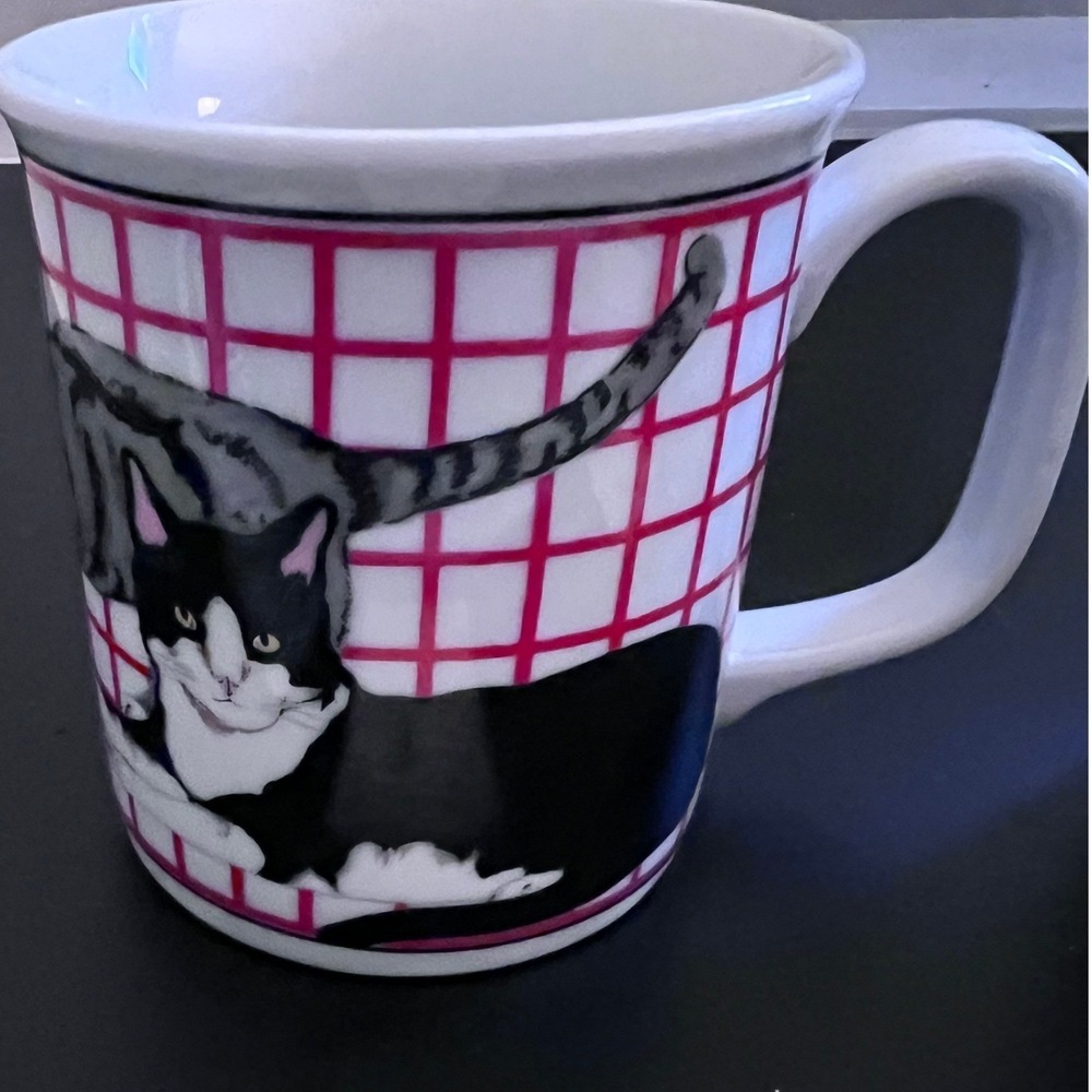 Curzon Tuxedo Cat Coffee Mug Pink White Grid Plaid‎ Ceramic Tea Cup